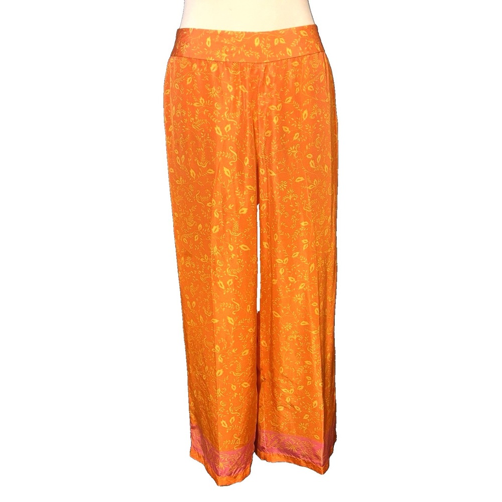 Womens Bright Orange Paisley Print 100% Silk Pants Boho Floral Wide Leg Size 8